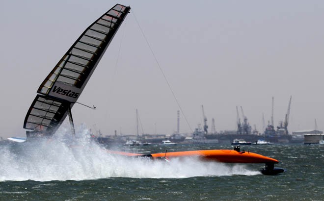 The leeward pod is too high as we top out at 68 knots - The wing is eased as I try to bring it all back to earth ©  Helena Darvelid/VestasSailrocket http://www.sailrocket.com/